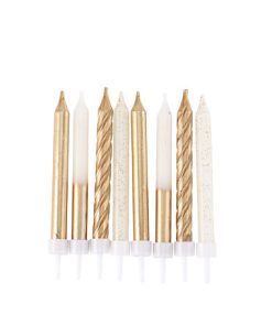 8 BOUGIES FANTAISIES OR ET PAILLETTES OR AVEC BOBECHES
